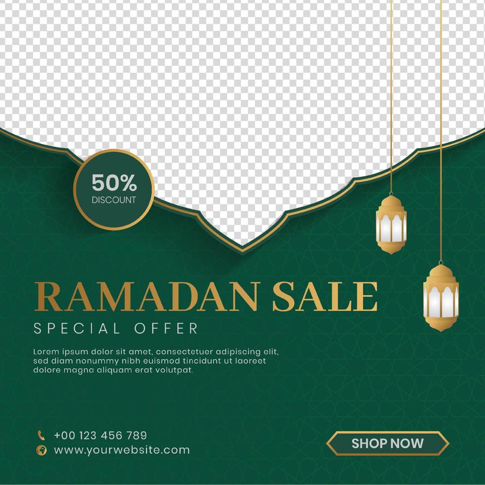 Ramadan Kareem Sale Banner, Social Media Post With Islamic Arabic Pattern and Lanterns vector