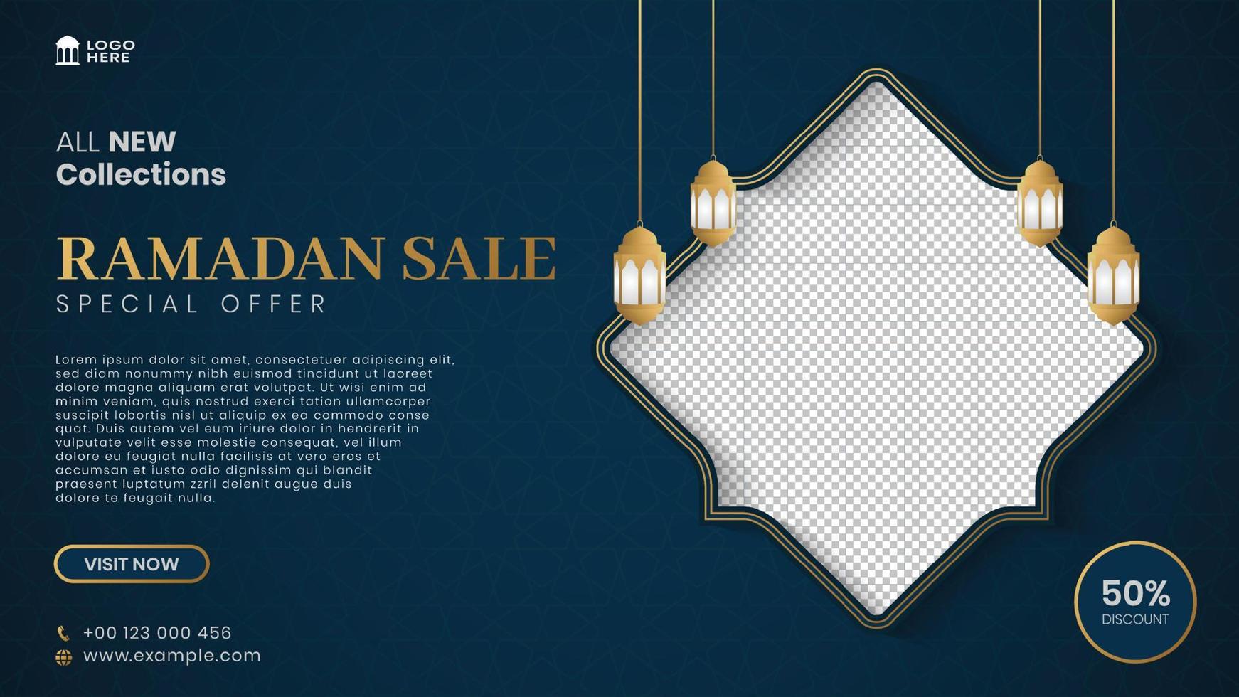 Ramadan Kareem Sale Banner, Social Media Post With Islamic Arabic Pattern and Lanterns vector