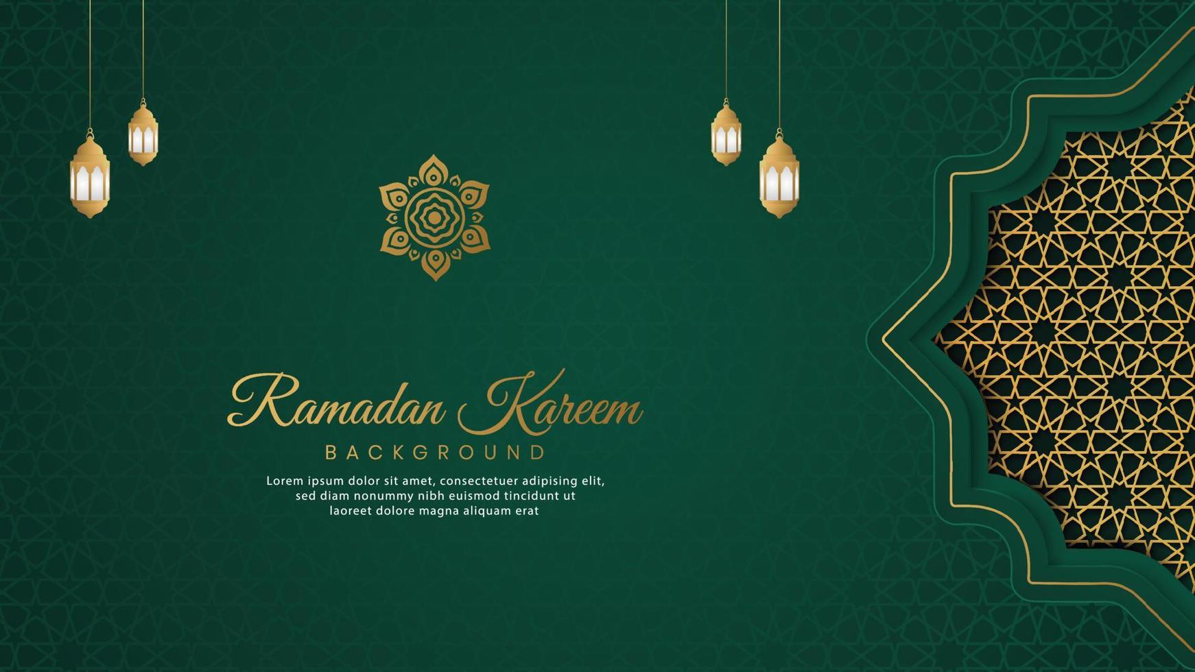 Ramadan Kareem, Islamic Arabic Green Luxury Background with Geometric pattern and Lanterns vector