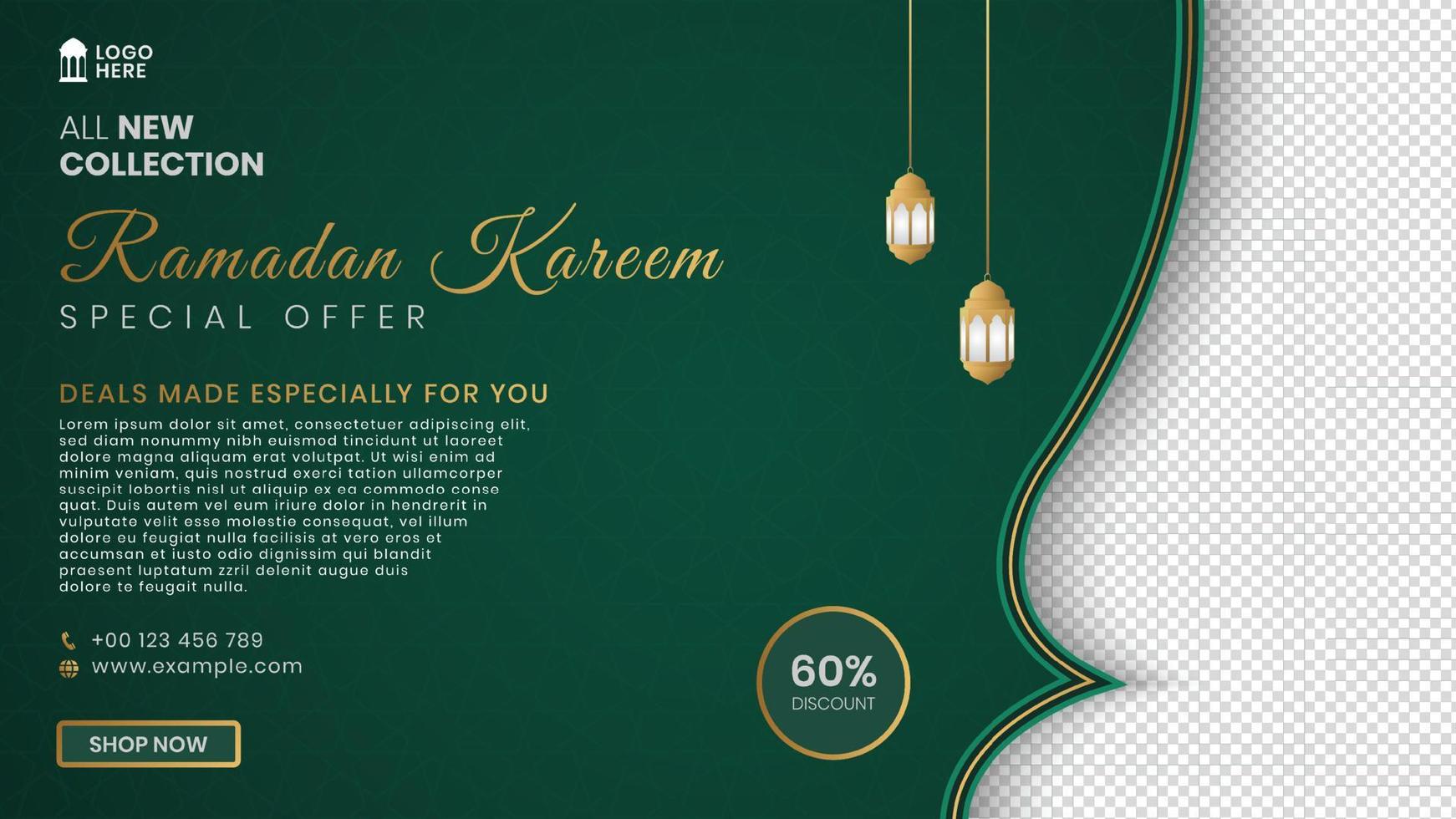 banner de venta de ramadan kareem publicación en redes sociales con patrón árabe islámico y linternas vector