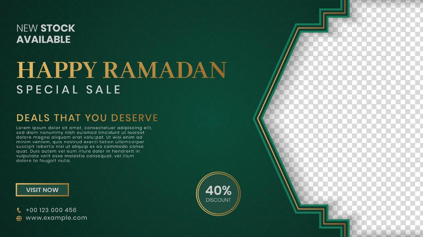 banner de venta de ramadán feliz publicación en redes sociales con patrón árabe islámico y linternas vector