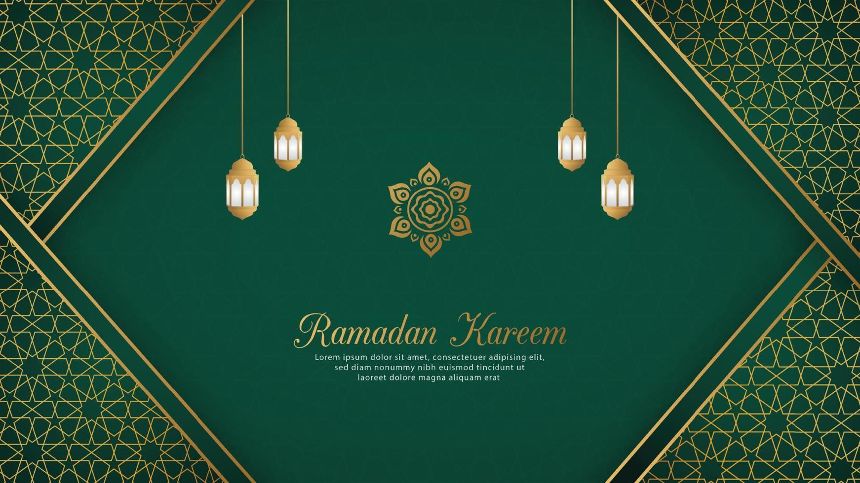 Ramadan Kareem Islamic Arabic Green Luxury Background with Geometric pattern and Beautiful Ornament with Lanterns vector