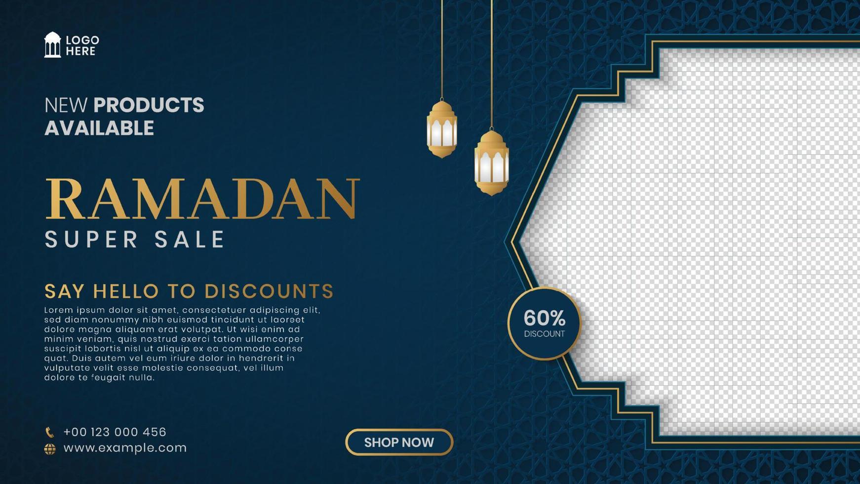 Ramadan Sale Banner Social Media Post With Islamic Arabic Pattern and Empty Space for Photo vector