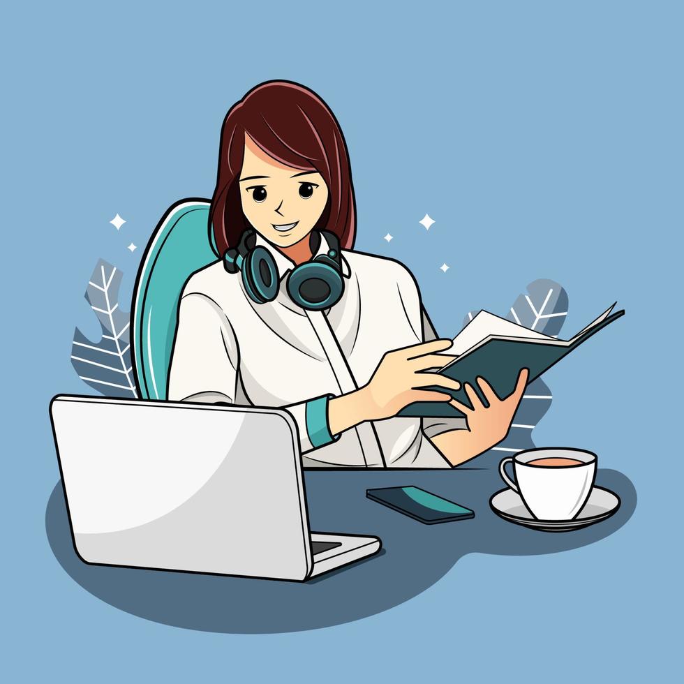 Girl students sitting holding document with laptop vector illustration pro download