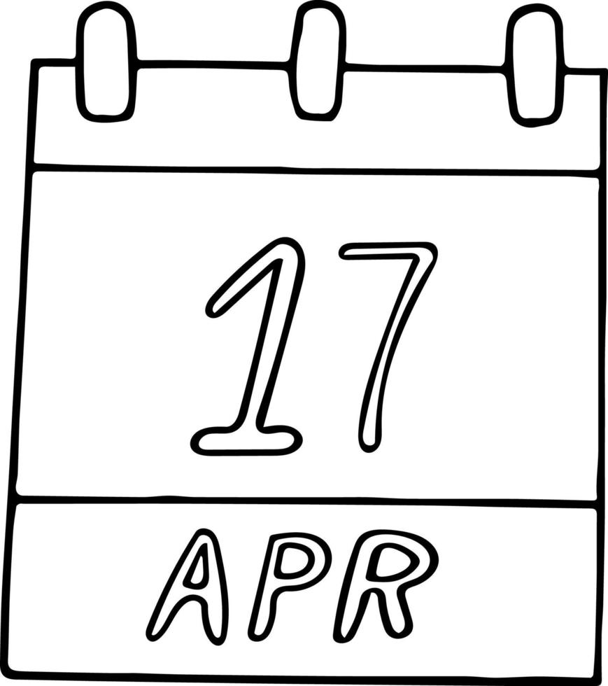 calendario dibujado a mano en estilo garabato. 17 de abril. día mundial de la hemofilia, fecha. icono, elemento adhesivo para el diseño. planificación, negocios, vacaciones vector