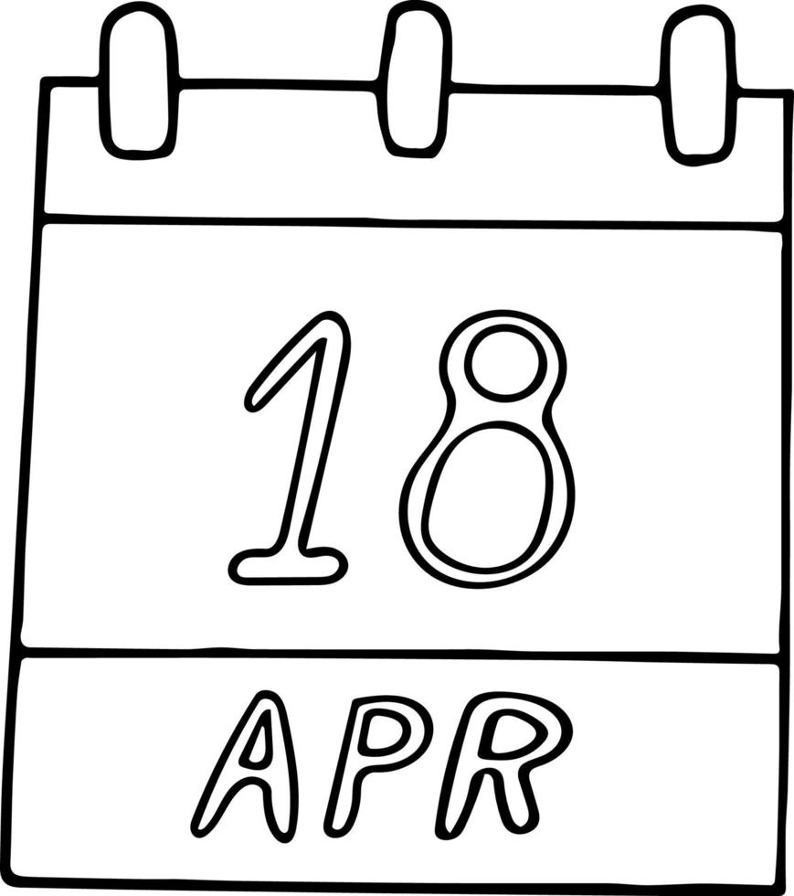 calendario dibujado a mano en estilo garabato. 18 de abril. día internacional de los monumentos y sitios, circo mundial, radioaficionado, fecha. icono, elemento adhesivo para el diseño. planificación, negocios, vacaciones vector