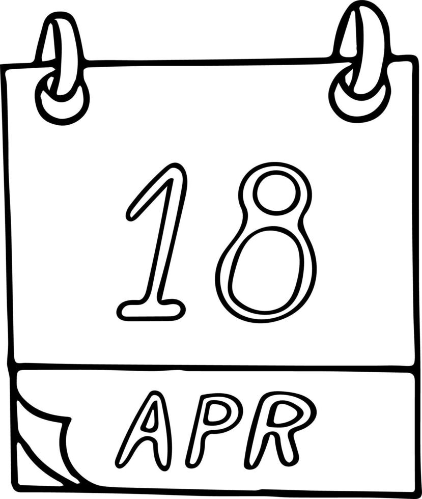 calendario dibujado a mano en estilo garabato. 18 de abril. día internacional de los monumentos y sitios, circo mundial, radioaficionado, fecha. icono, elemento adhesivo para el diseño. planificación, negocios, vacaciones vector