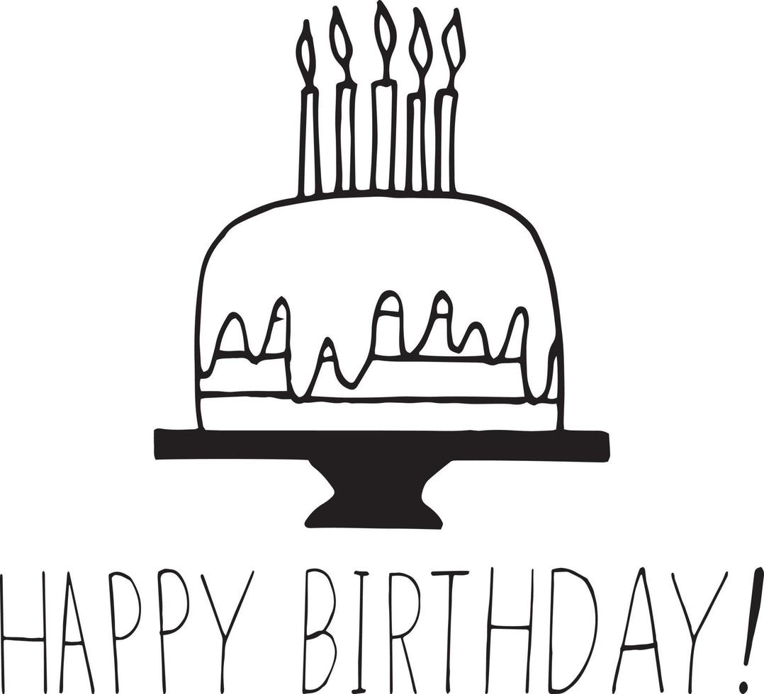 cake with candles and lettering happy birthday. greeting card template. hand drawn doodle style. , minimalism, monochrome, sketch. food, sweets, dessert birthday holiday vector