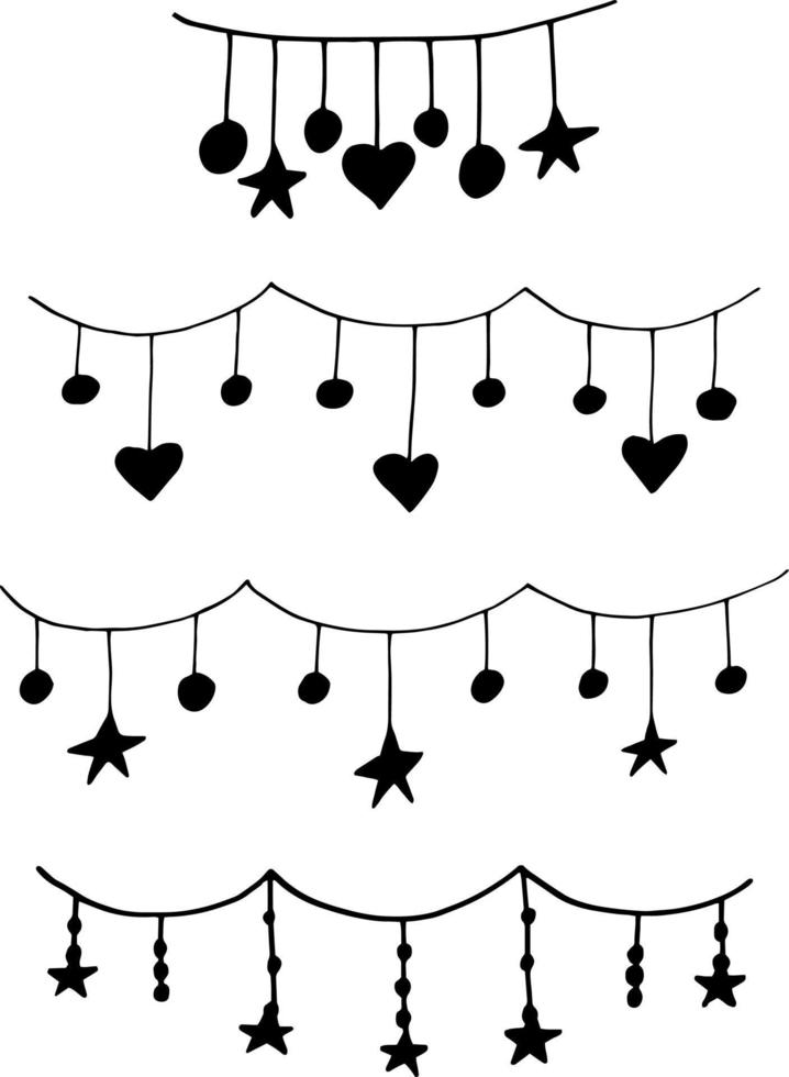 garlands with stars and hearts set hand drawn doodle. , minimalism, monochrome. collection of festive decor vector