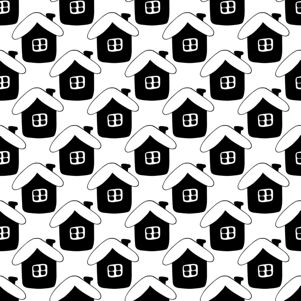 cabañas casas de patrones sin fisuras garabato dibujado a mano. , minimalismo, monocromo. textiles, papel de regalo, papel pintado pueblo de cuento de hadas de invierno vector