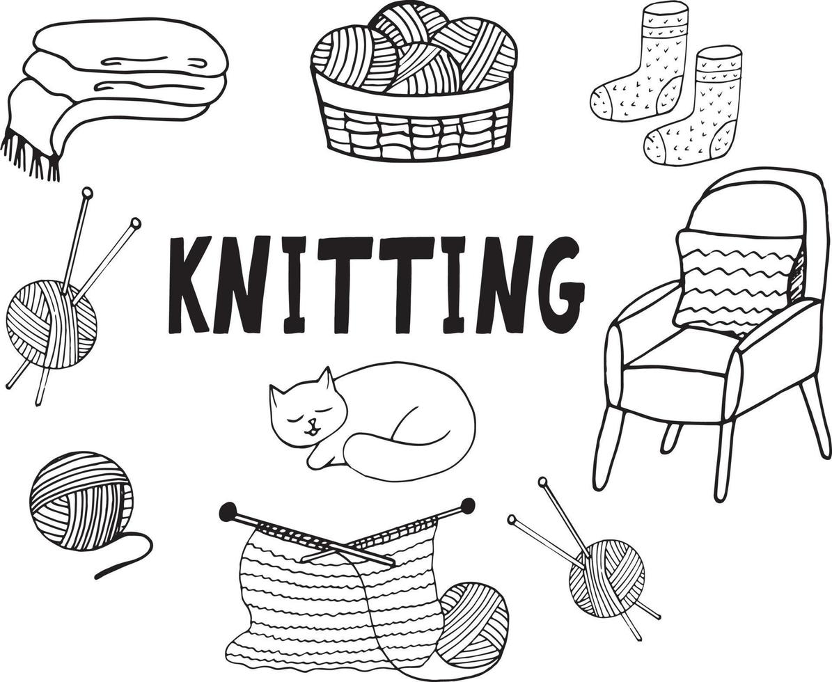 knitting set hand drawn in doodle style. collection of elements for design icon, sticker, poster, card. , scandinavian, hygge, monochrome. balls of wool and knitting needles, hobby, cozy home vector