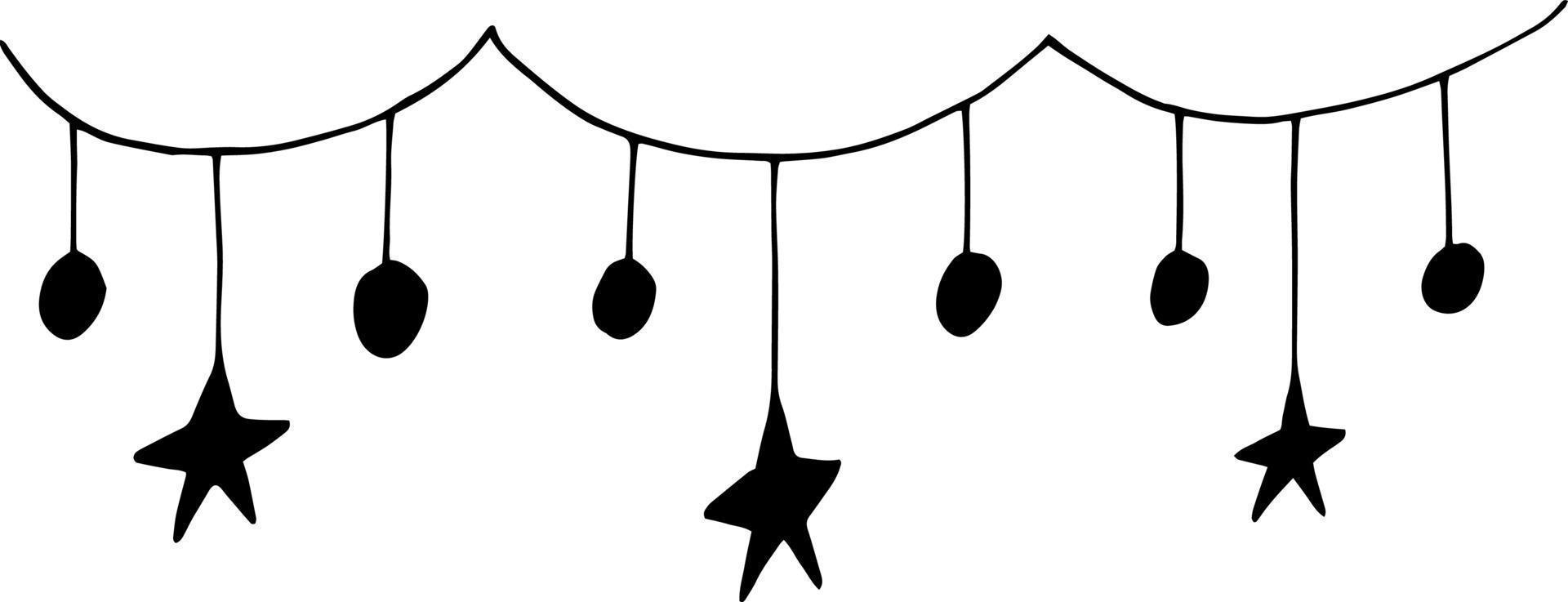 garland con garabato dibujado a mano de estrellas. , minimalismo, monocromo. marco, pegatina de borde decoración navideña vector