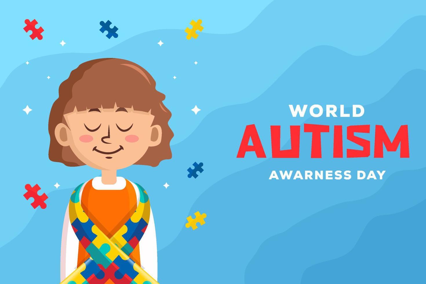 world autism awareness day illustration background with a girl and ribbon vector