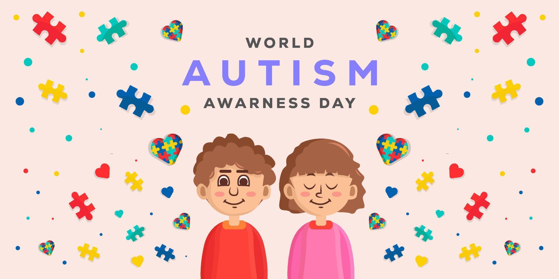 world autism awareness day illustration with two child and puzzle pieces vector