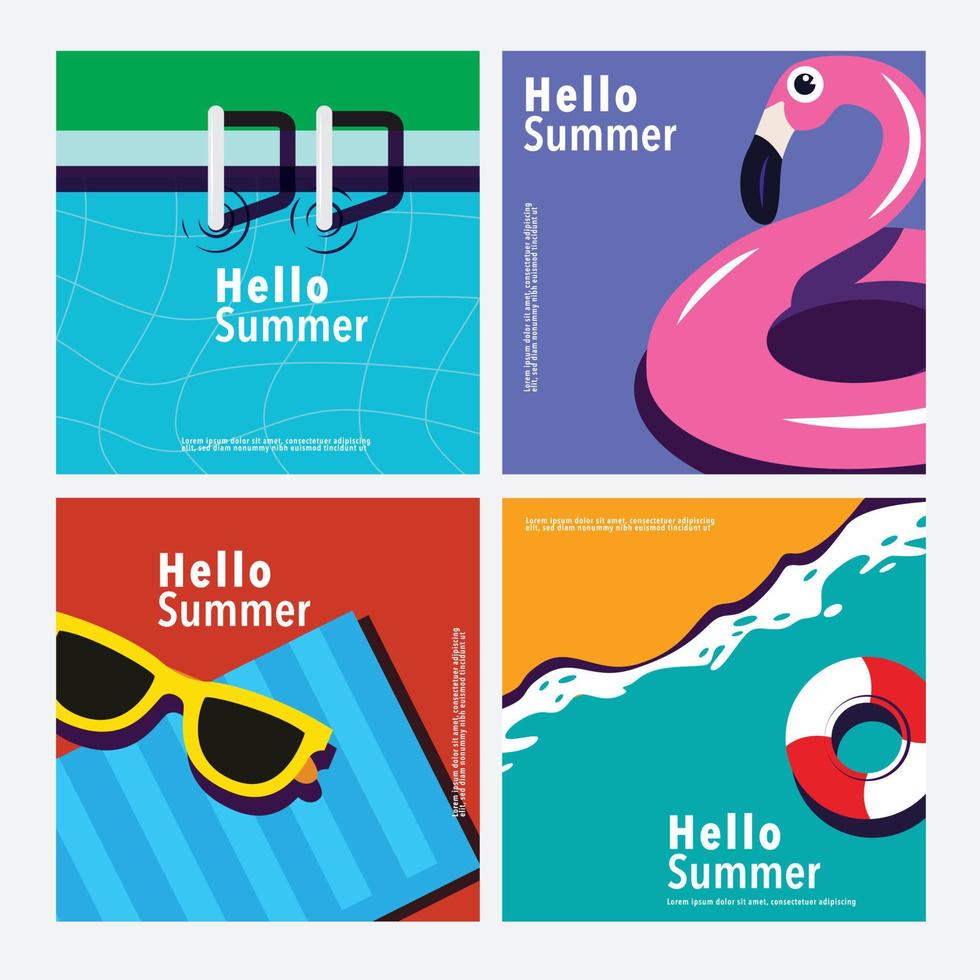Hello Summer, square banner template, flat vector
