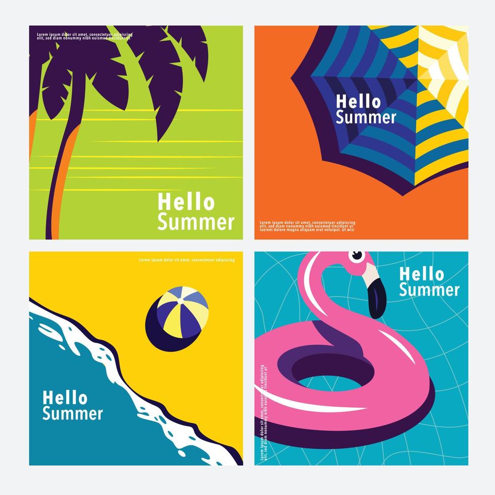 Hello Summer, square banner template, flat vector
