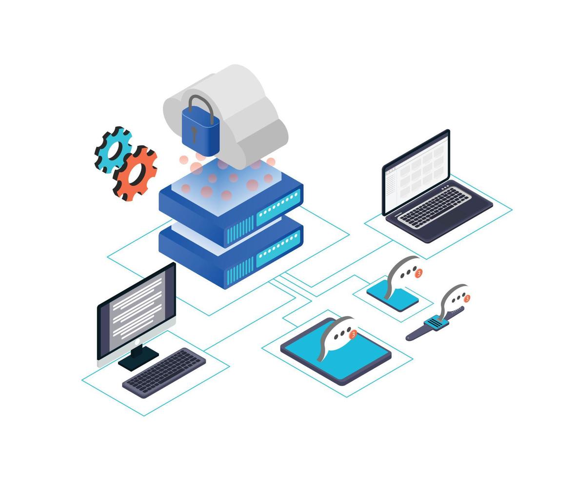 Isometric style illustration of encrypted cloud storage in a database server vector