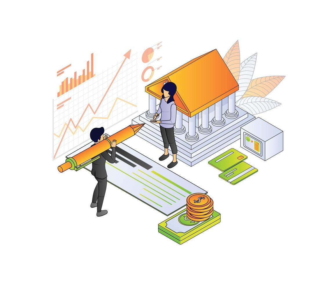 Illustration of premium vector isometric style about banking and finance with a character