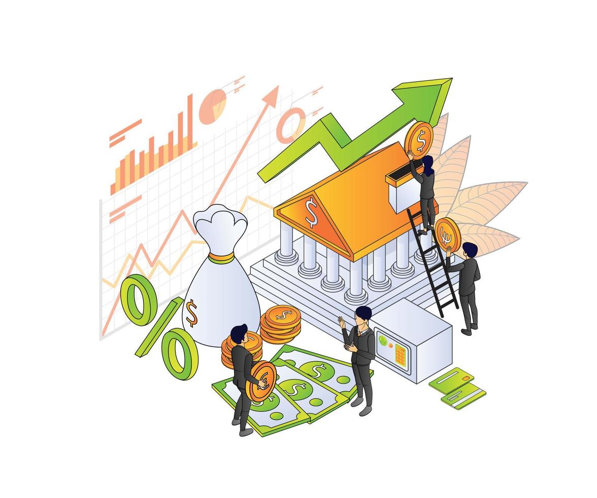 Illustration of premium vector isometric style about banking and finance with a character