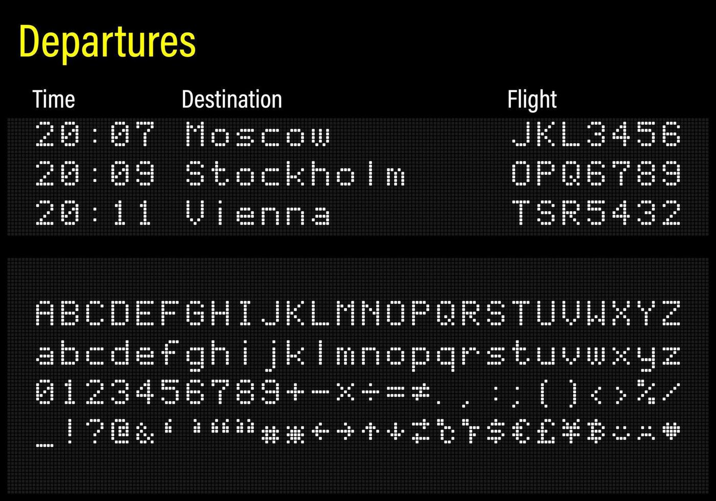 LED electronics digital font, letters, numbers and symbols vector illustration for airport panel, train information and sport scoreboard - white font