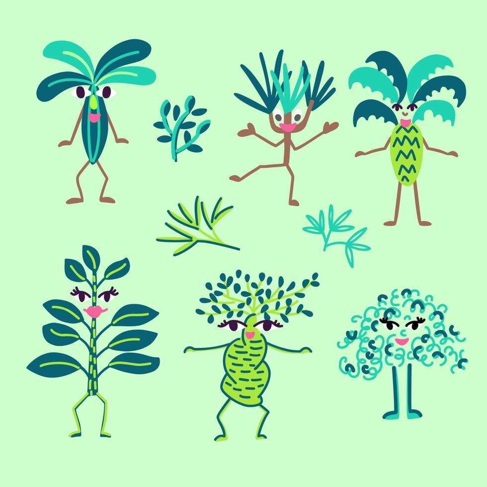Set of cartoon characters of house plants with arms and legs vector