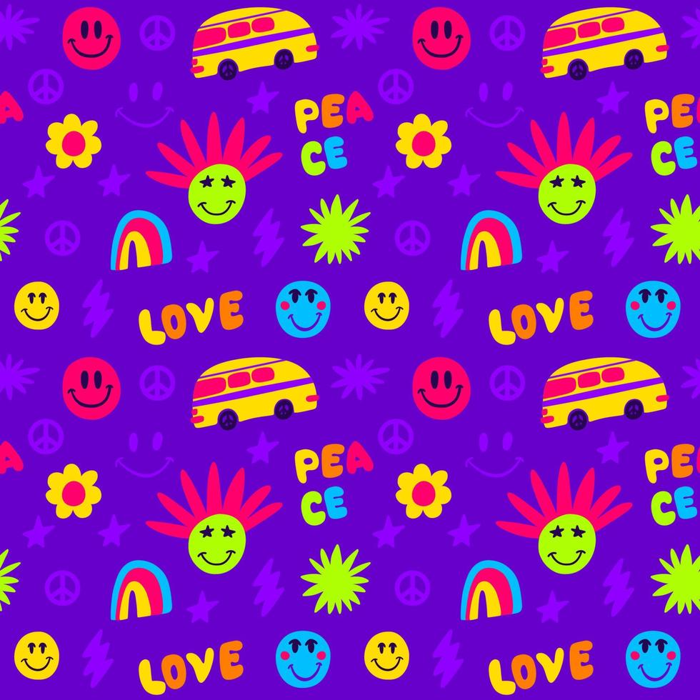 Seamless hippie-style pattern with peace and happiness, rainbow and smileys vector