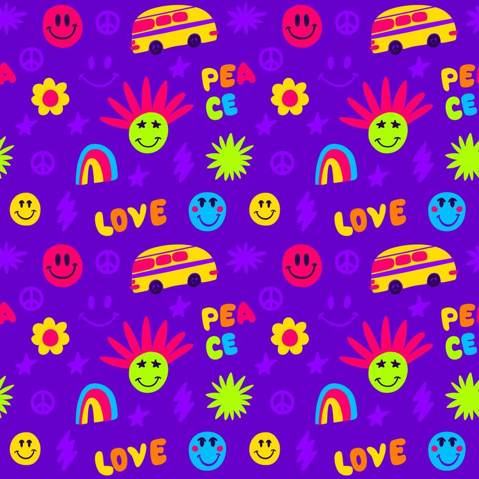 patrón de estilo hippie sin costuras con paz y felicidad, arco iris y emoticonos vector