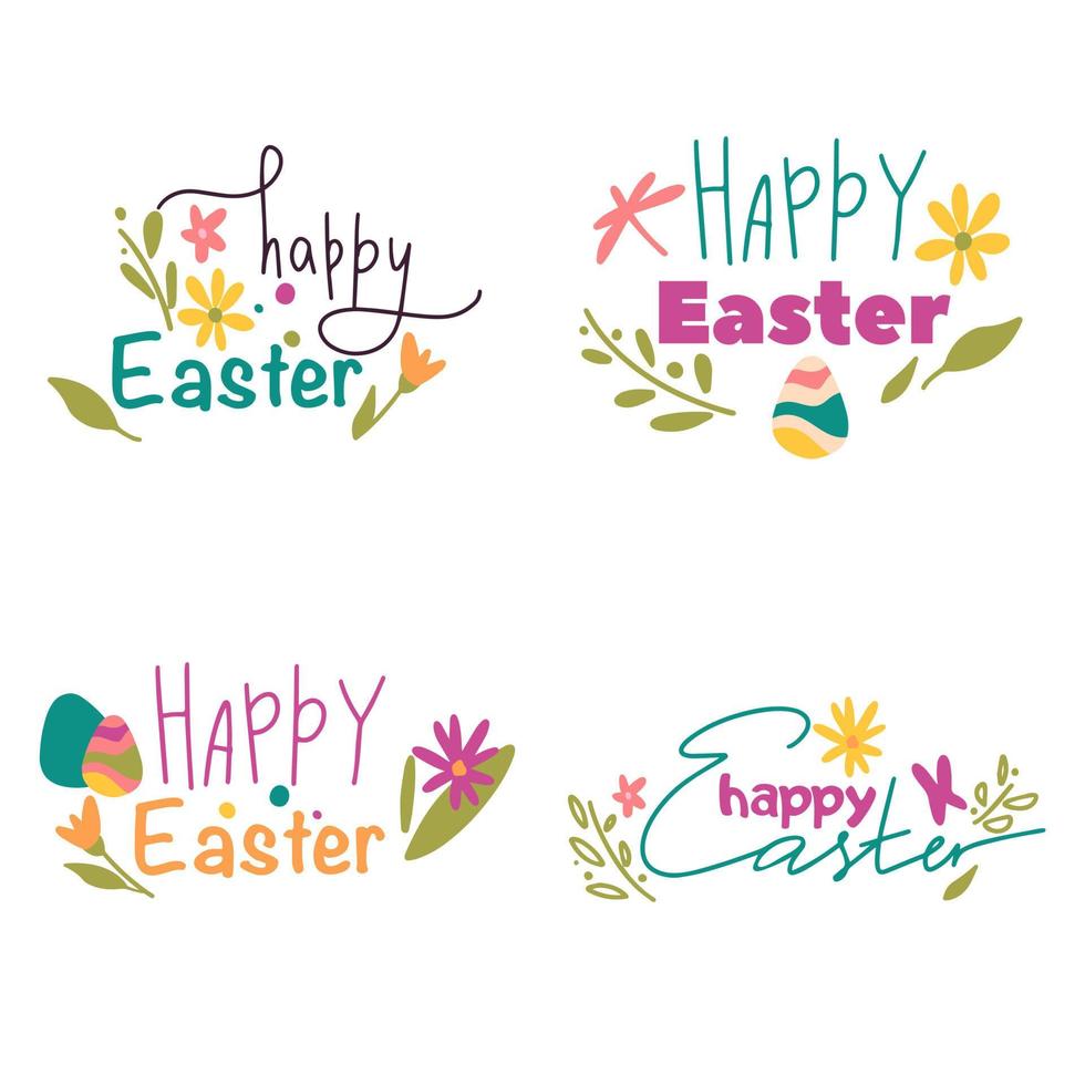 Happy Easter lettering labels design set. Hand drawn emblem with flowers, eggs  and leaves. Sale banner, poster, badge, illustration. vector