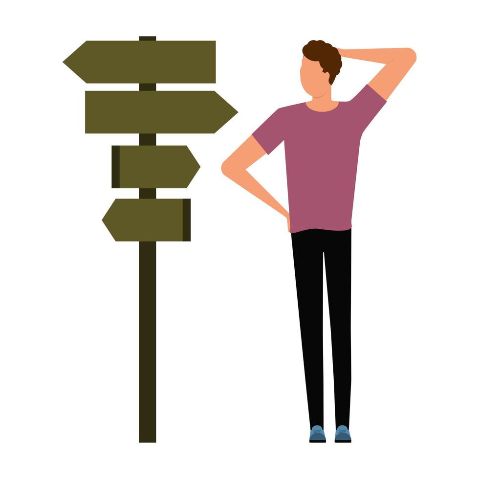 The person at the fork thinks which way to choose. A man looks at a pole with arrows pointing directions. Concept. Vector illustration