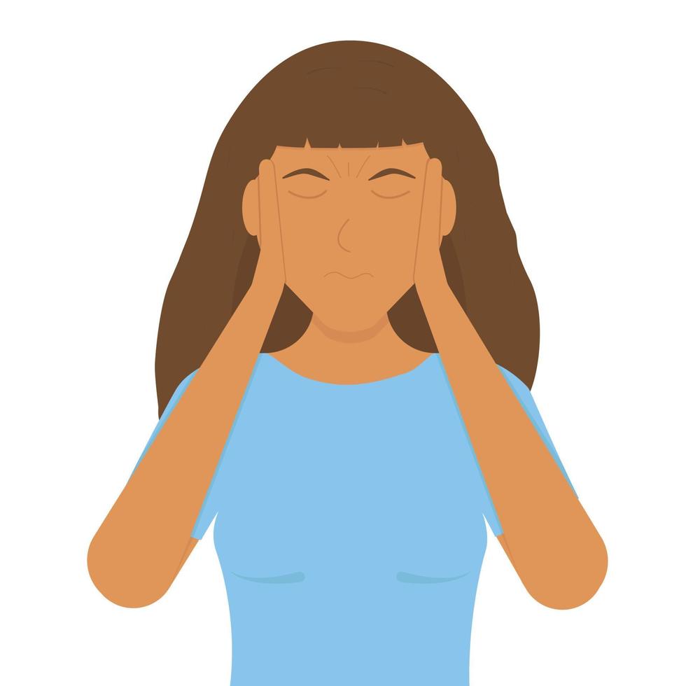 The woman is holding her head because of a severe headache. Migraine due to worries and difficulties. Anxious thoughts due to emotional distress. Concept. Vector illustration