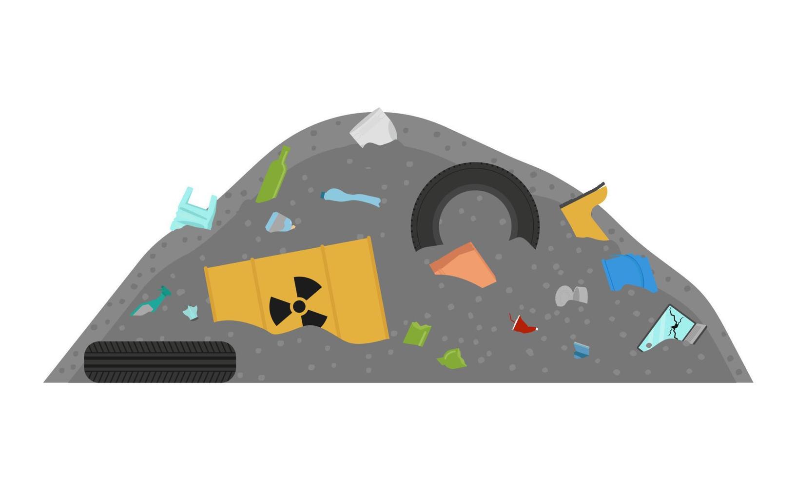 Garbage dump. A lot of garbage. Various wastes. Environmental pollution. Flat. Vector illustration