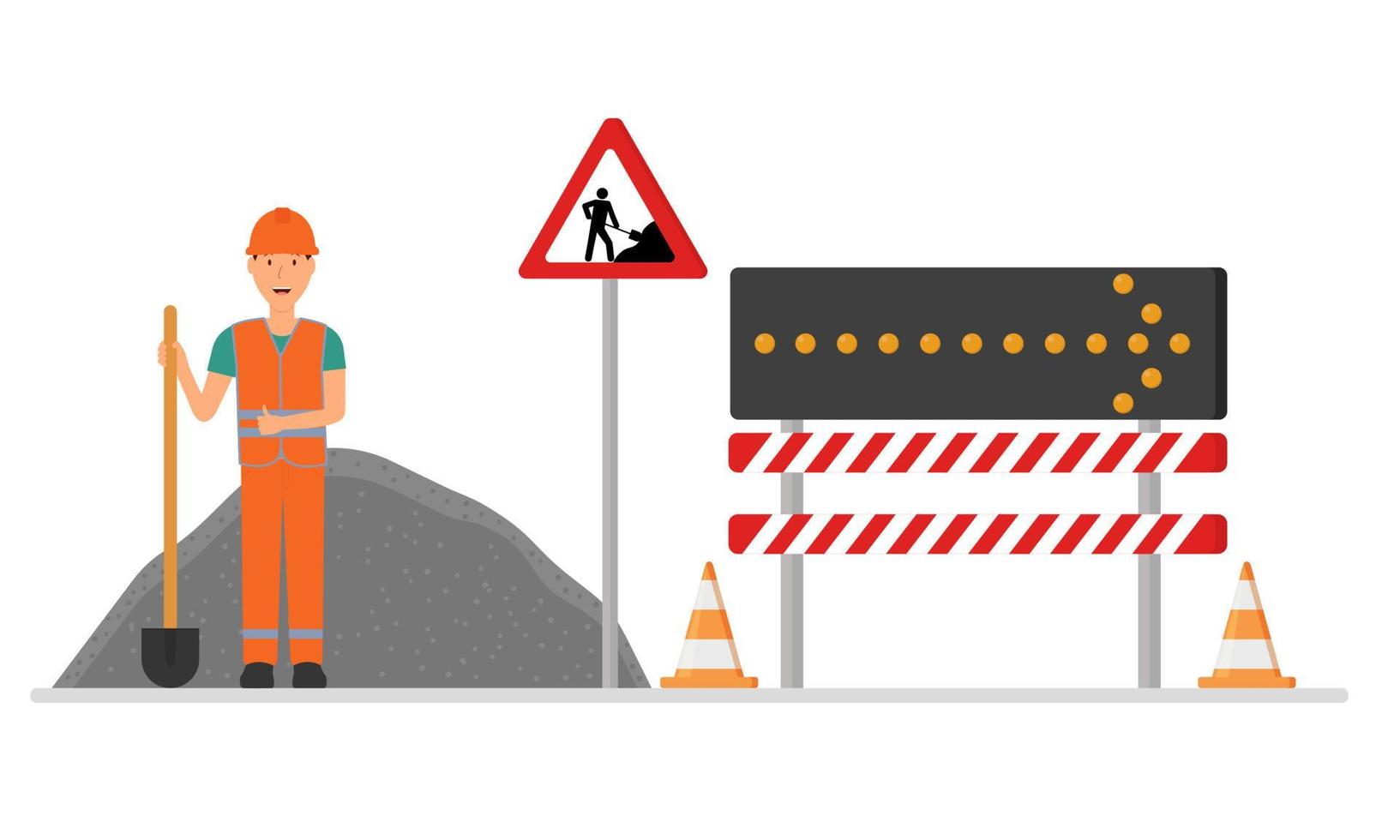 A road worker repairs the road. Fences of the repair site with a detour sign. Concept. Vector illustration