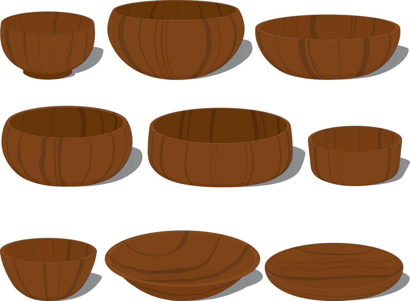Wooden tableware types bowls and plates collection vector illustration