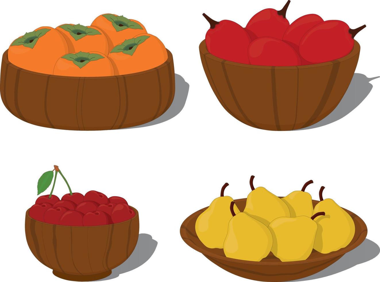 Still life collection, ripe fruits in wooden bowls and plates vector illustration