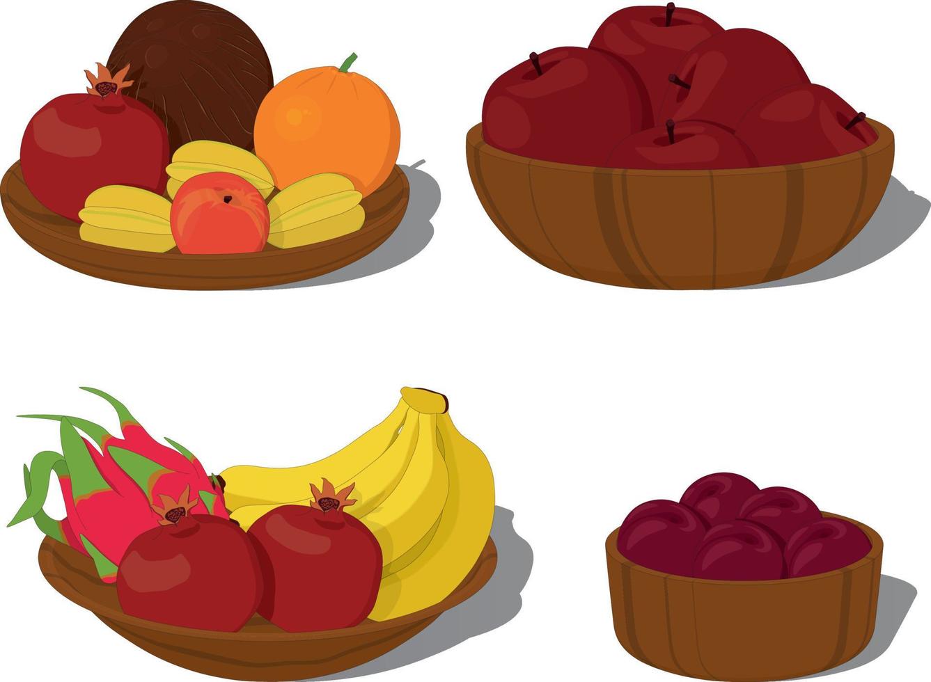 Still life collection, ripe fruits in wooden bowls and plates vector illustration