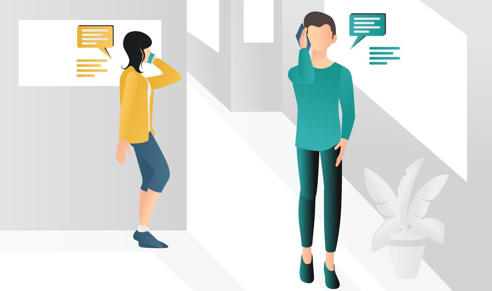 Isometric style illustration man and woman making a phone call vector