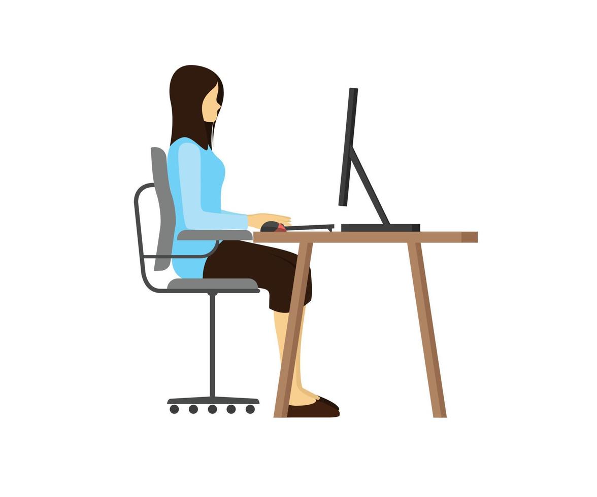 ilustración de estilo isométrico de una mujer sentada cómodamente en una silla y trabajando con una computadora vector