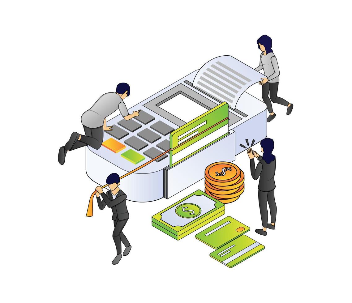 ilustración de estilo isométrico de vector premium sobre banca y finanzas con un personaje