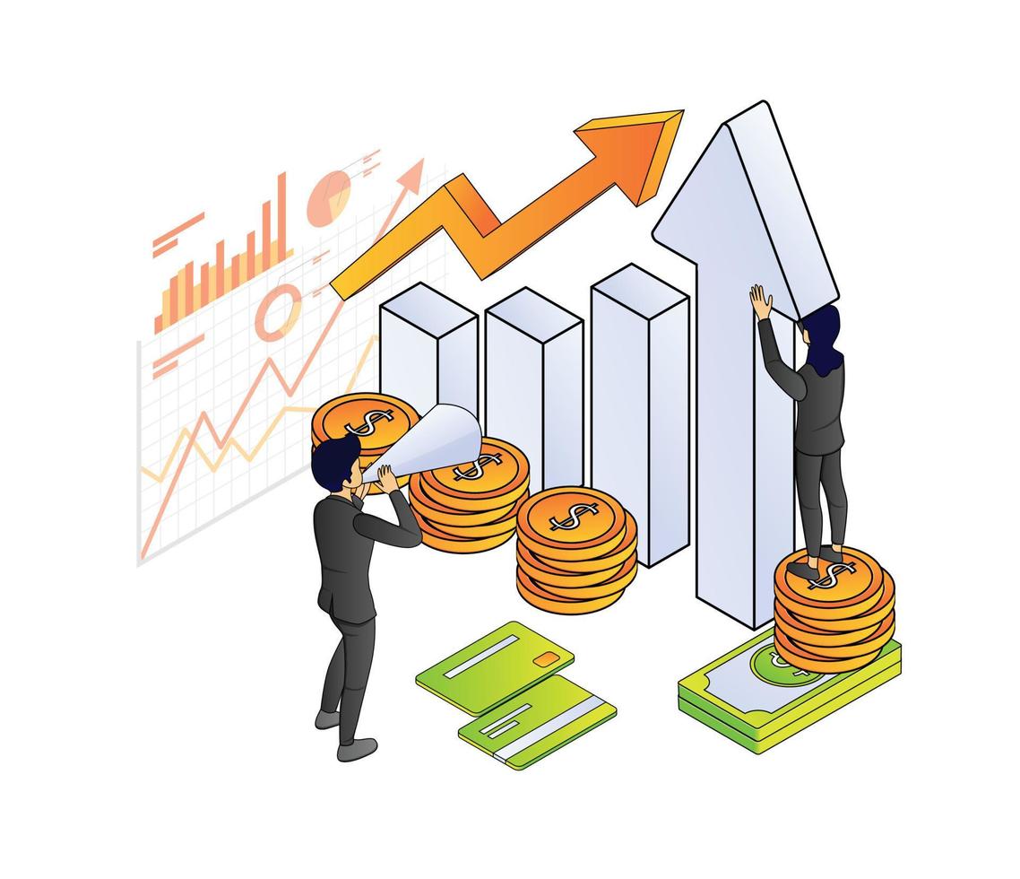 Illustration of premium vector isometric style about banking and finance with a character