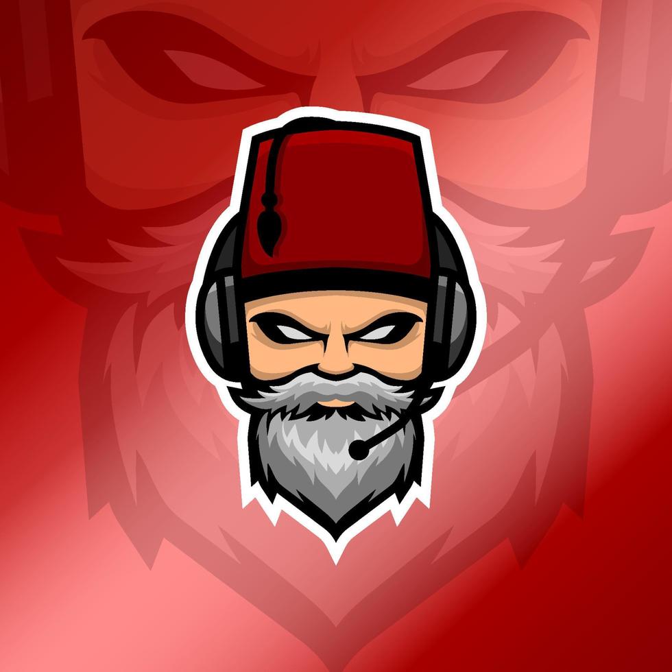 viejo logo de barba hombre esport con auriculares y sombrero rojo fez en el fondo degradado rojo brillante. logotipo del hombre de barba blanca. adecuado para el escuadrón de juegos o el logotipo del clan vector