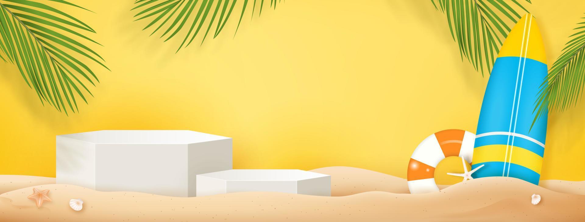 maqueta de playa de verano con podios para exhibición de productos en fondo de banner amarillo fresco vector