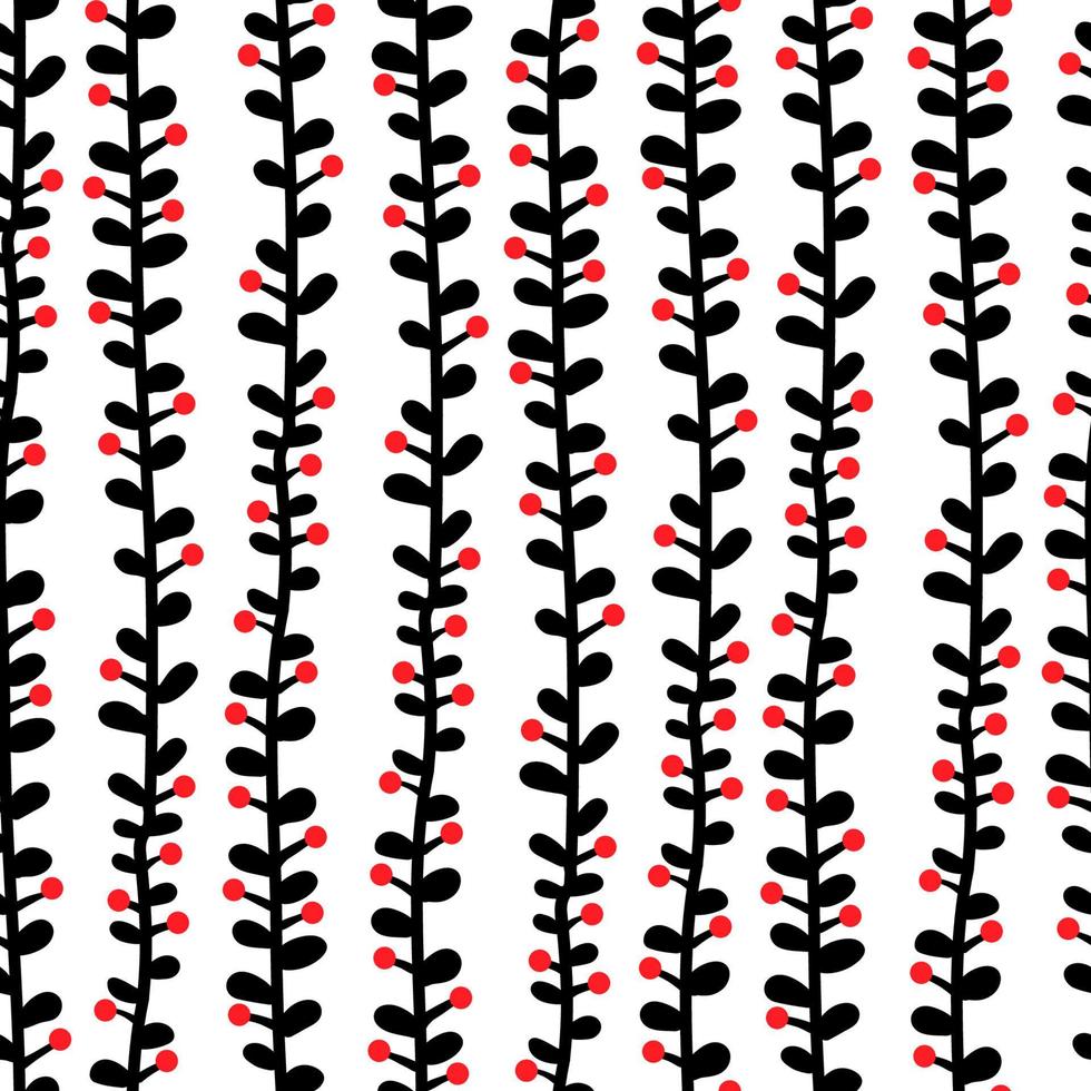 Vertical lash branches with leaves and red berries vector seamless pattern. Floral botanical texture hand drawn style for textile, fabric, wrapper, wallpaper.