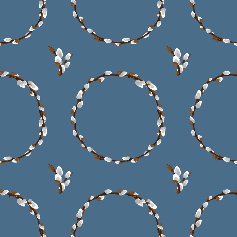 Easter pussy willow wreath seamless pattern. Spring branches vignette holiday texture. Happy Easter background. Fluffy willow vector design