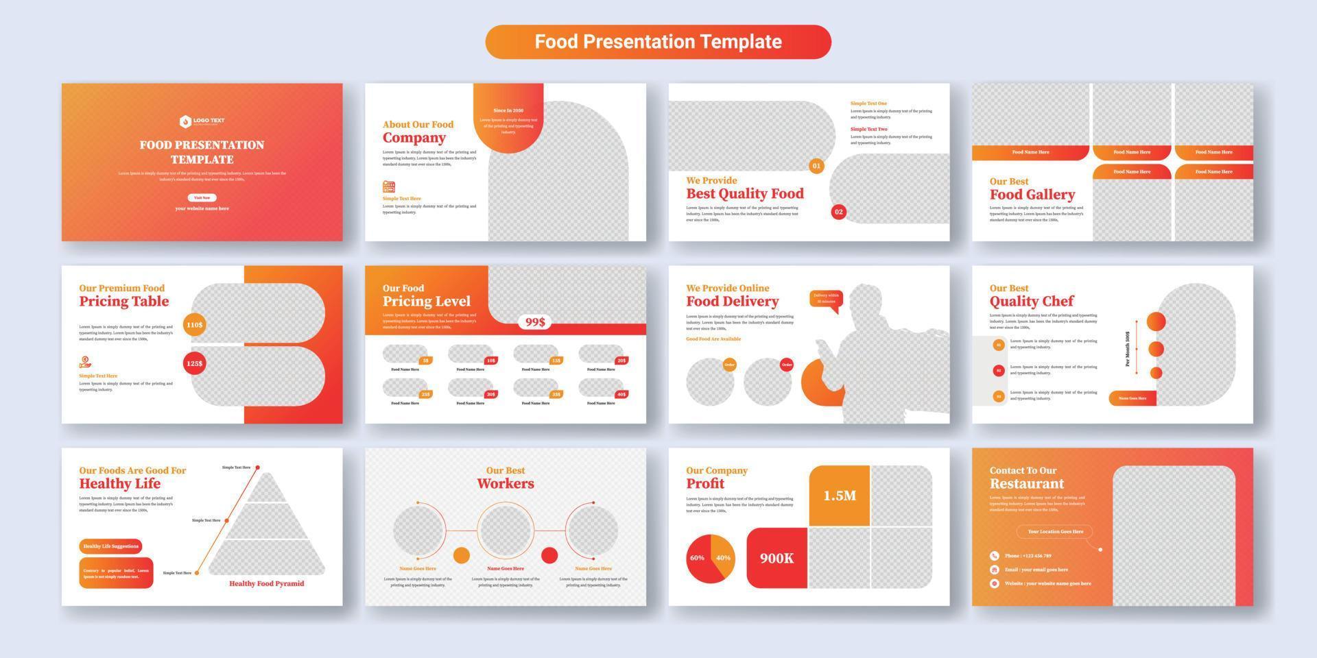 diseño de plantilla de diapositivas de presentación de comida y restaurante. uso para antecedentes de presentación modernos, diseño de folletos, control deslizante de sitios web, página de inicio, informe anual, perfil de empresa vector