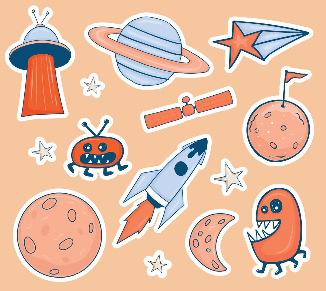 Colorful hand drawn space theme stickers collection vector