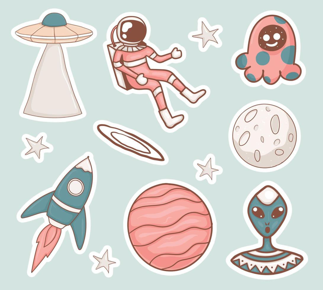 Colorful hand drawn space theme stickers collection vector