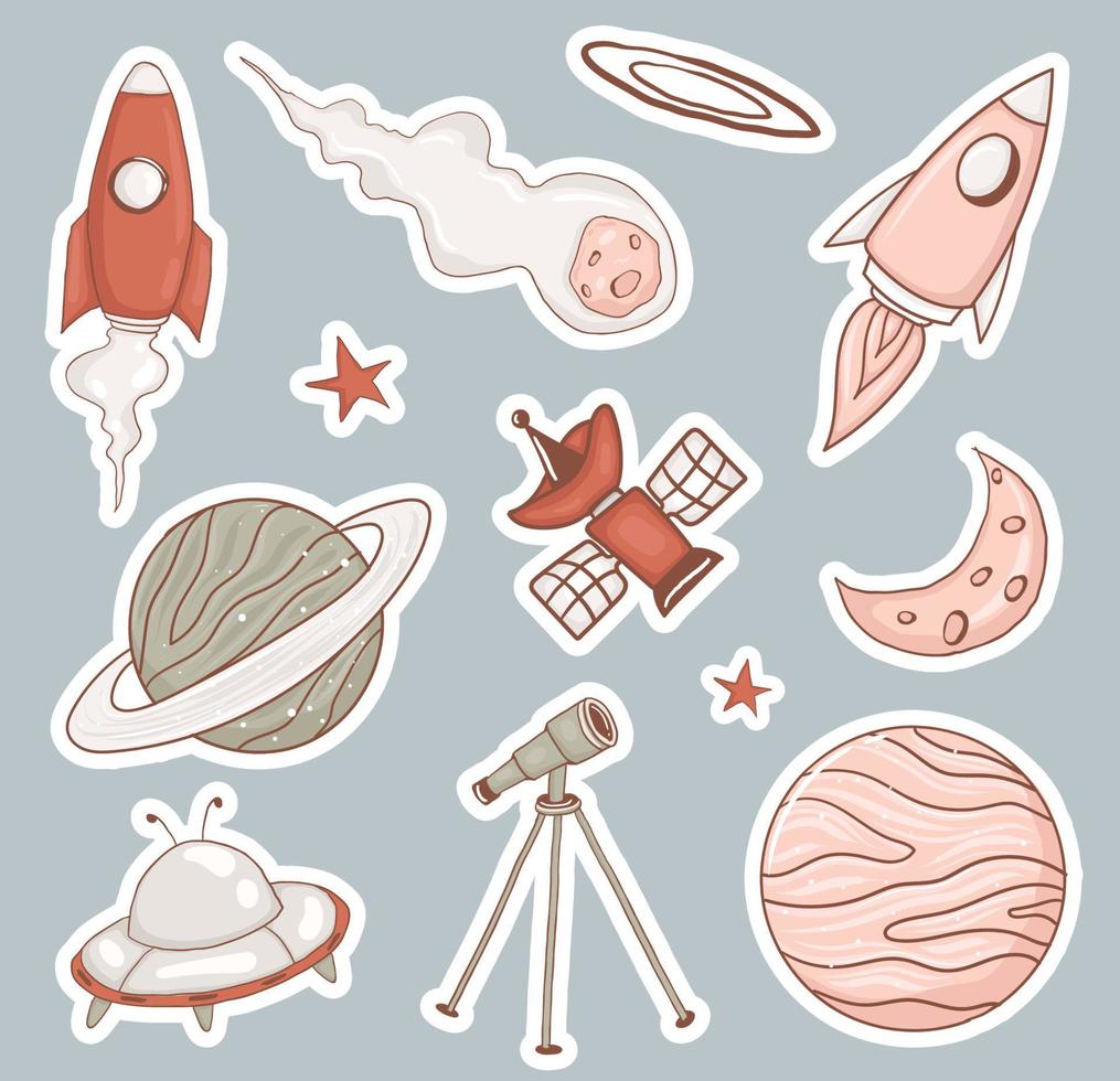 colorida colección de pegatinas de tema espacial dibujadas a mano vector