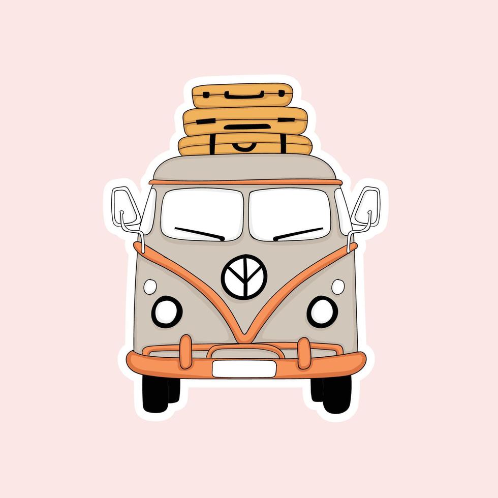 Colorful hand drawn classic travel van stickers vector