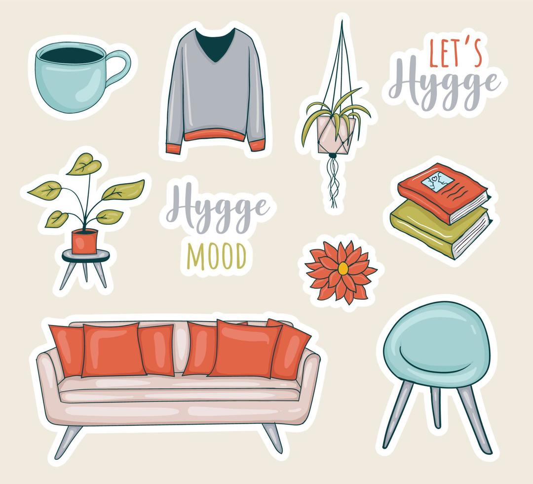 Colorful Hand drawn hygge stickers collection vector