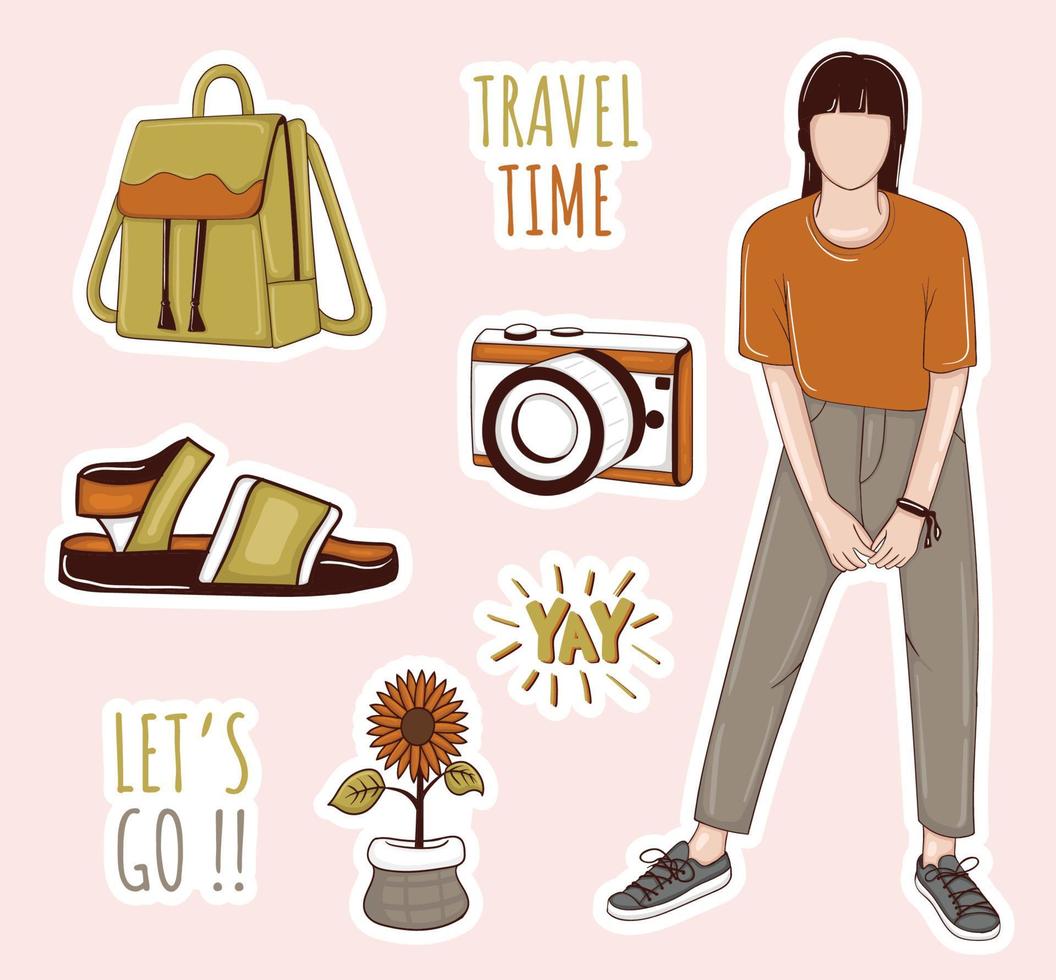 Colorful Hand drawn travel theme stickers collection vector